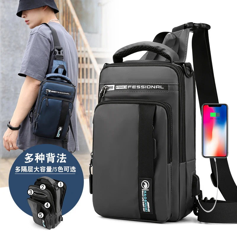 Small Backpack Chest Pack Shoulder Bag for Men with USB Charging Port Travel Male Nylon Sling Messenger Rucksack Cross body Bags