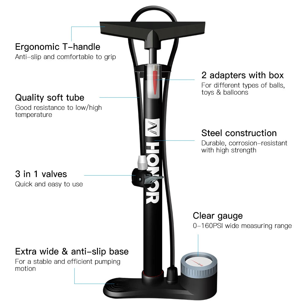 Bicycle Floor Pump 160PSI Bike Air Pump Gauge Presta &Schrader Valves Tire Tube Inflator for Ball Bike Pump Cycle Air Inflator